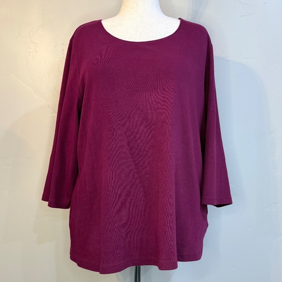 🌻 Plus Size Karen Scott 3X Cotton Scoop-Neck Top — Burgundy 3/4 sleeves - Picture 1 of 6